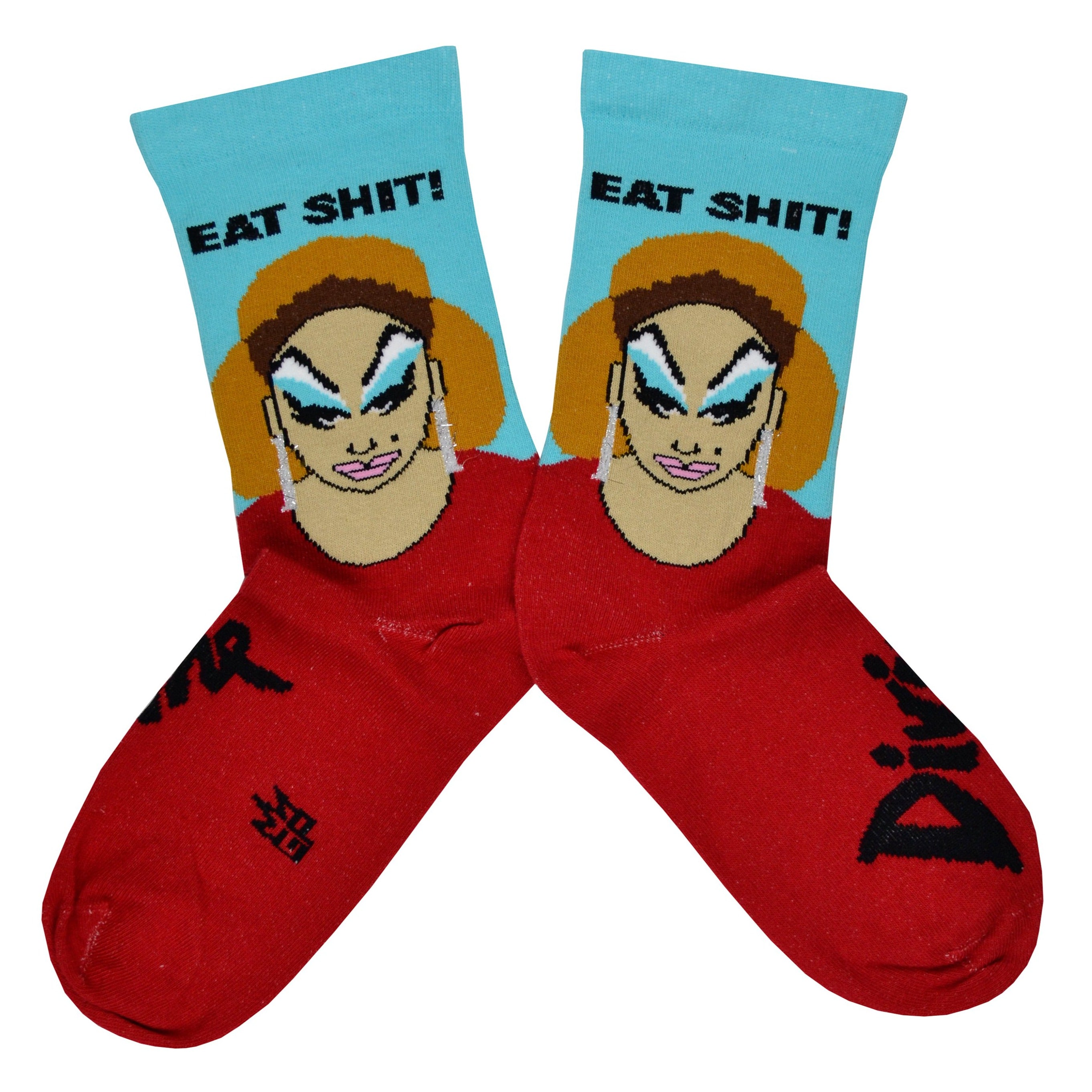These blue and red cotton unisex crew socks feature a portrait of the legendary drag queen Divine and the words 