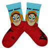 These blue and red cotton unisex crew socks feature a portrait of the legendary drag queen Divine and the words "Eat Shit!" below the cuff.