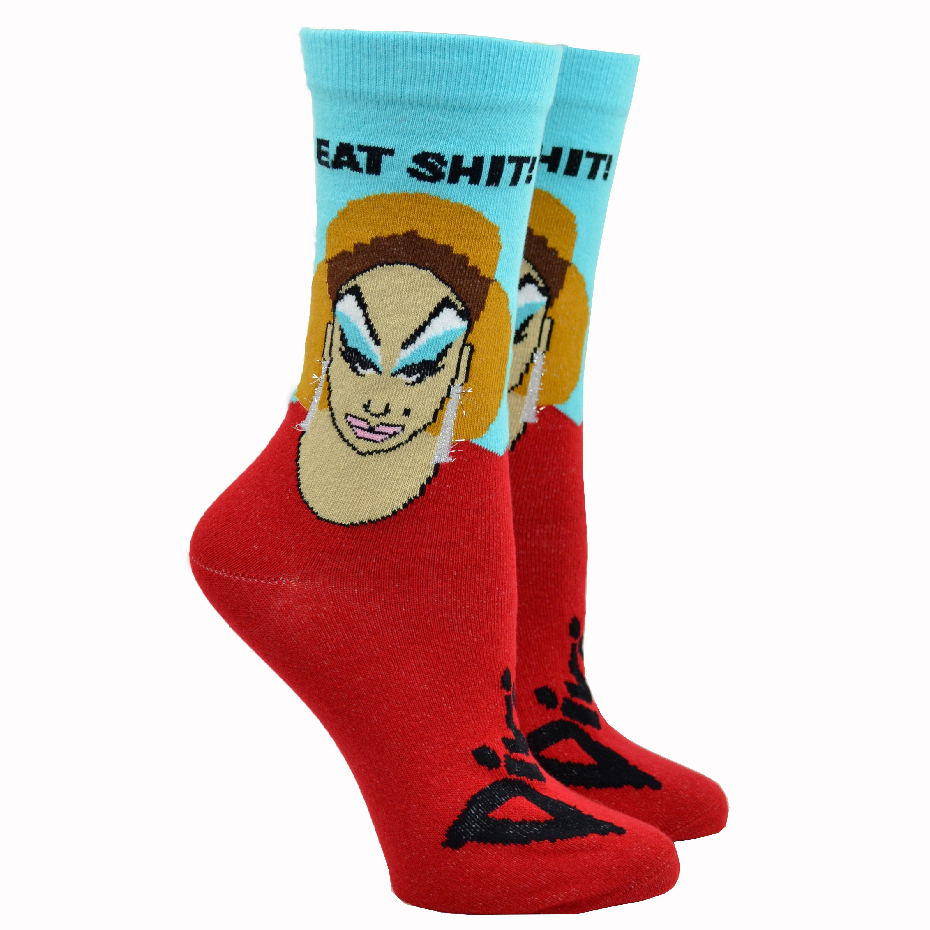 Shown on a leg form, these blue and red cotton unisex crew socks feature a portrait of the legendary drag queen Divine and the words 