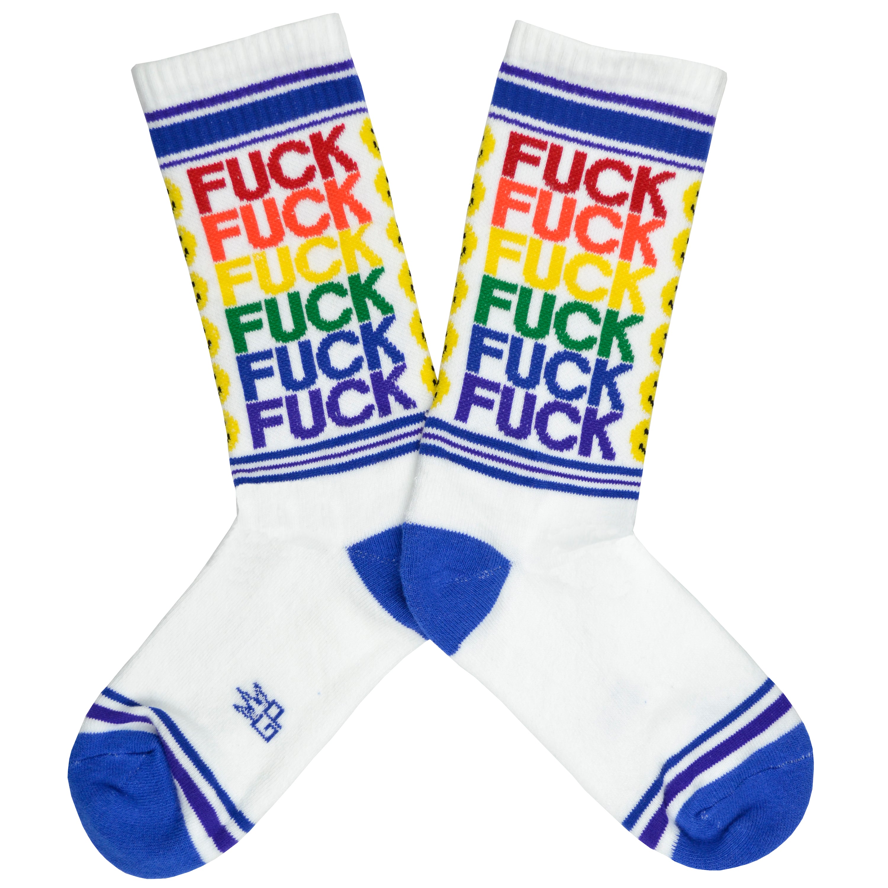 These white cotton unisex crew socks with a blue toe and striped cuff by the brand Gumball Poodle feature the words 