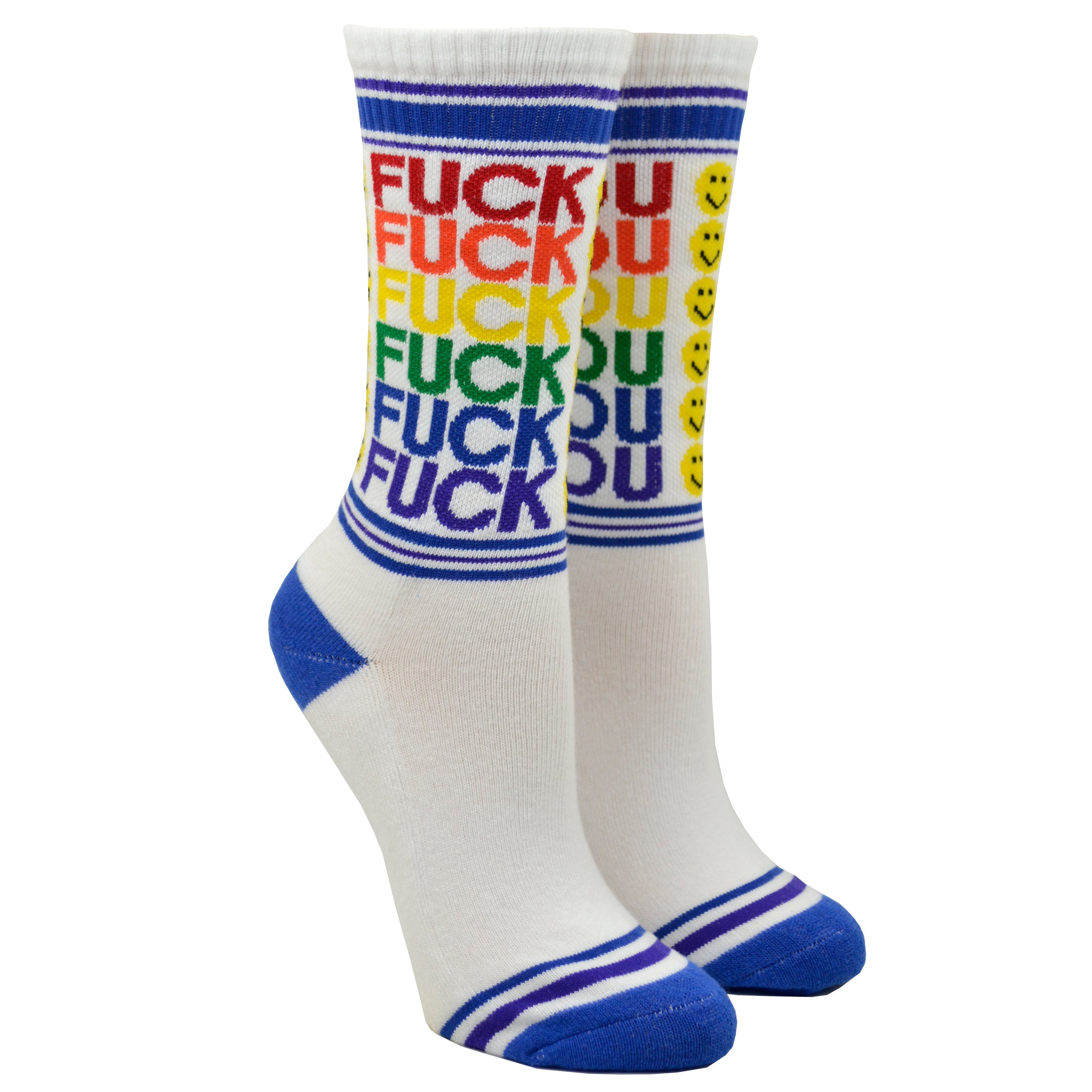 Shown on a leg form, these white cotton unisex crew socks with a blue toe and striped cuff by the brand Gumball Poodle feature the words 