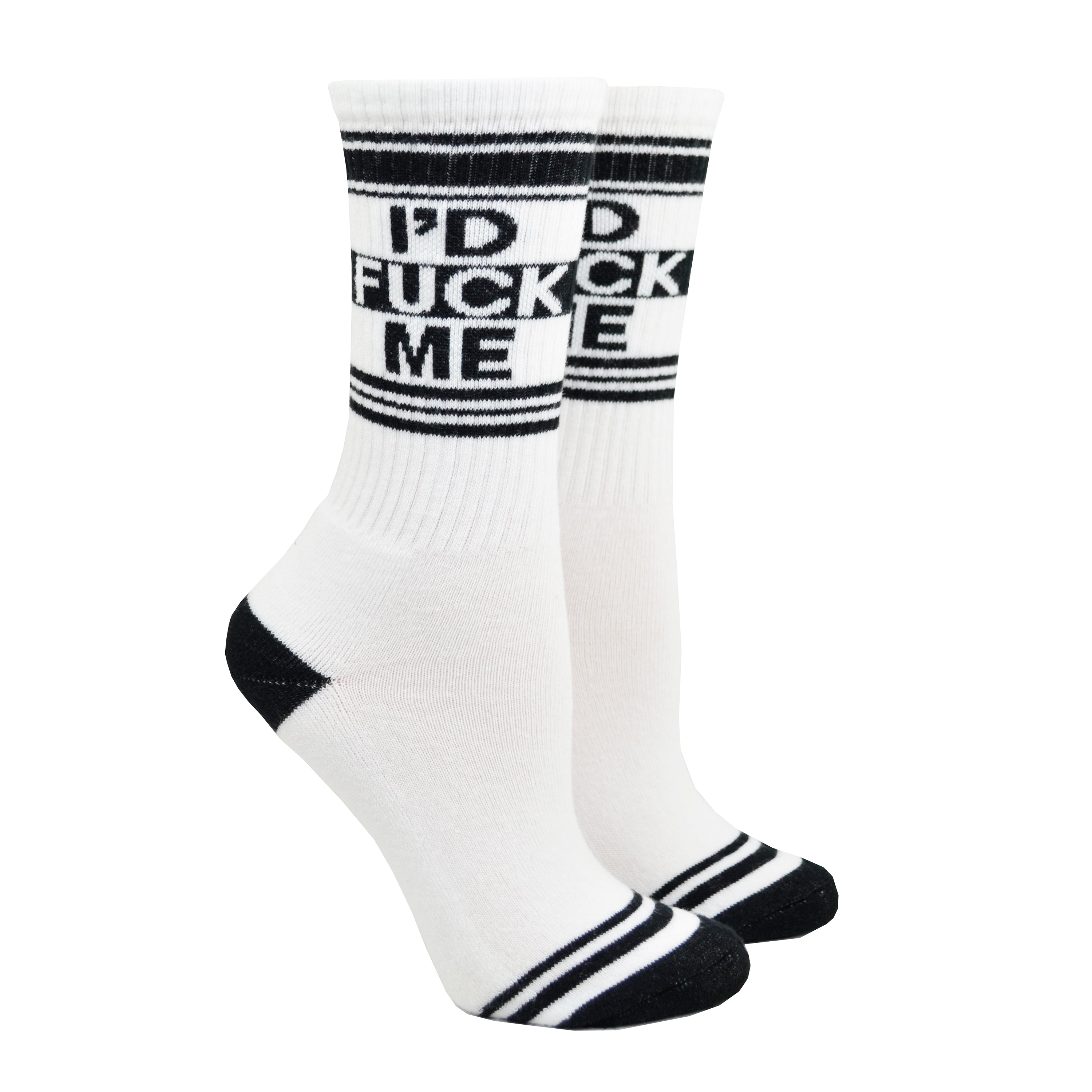 Shown on leg forms, a pair of white cotton Gumball Poodle brand unisex crew socks with black and white striped heel/toe/cuff featuring the words, 