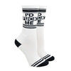 Shown on leg forms, a pair of white cotton Gumball Poodle brand unisex crew socks with black and white striped heel/toe/cuff featuring the words, "I'D FUCK ME" on the leg.