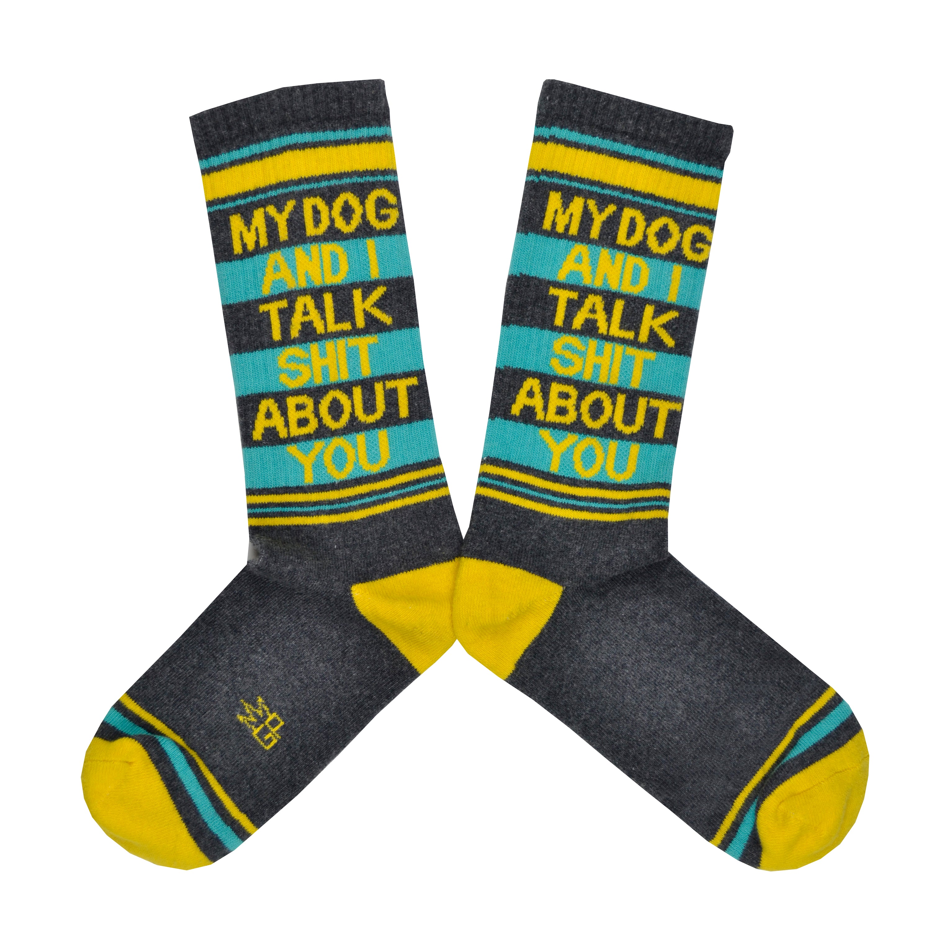 These gray cotton unisex crew socks with a yellow toe and yellow and blue striped cuff by the brand Gumball Poodle feature the words 