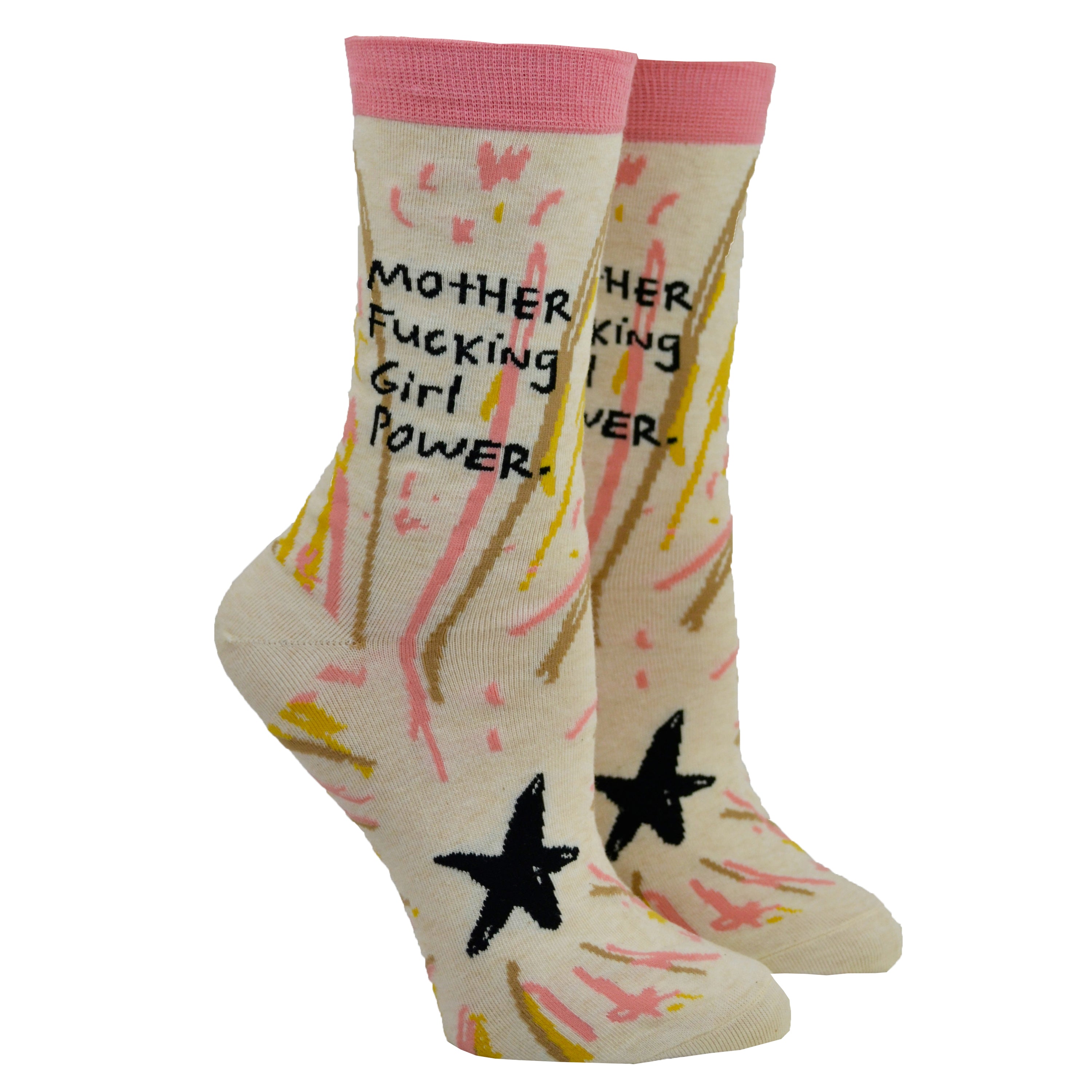 While displayed on mannequin foot forms a pair of women's cream colored cotton socks by Blue Q display 