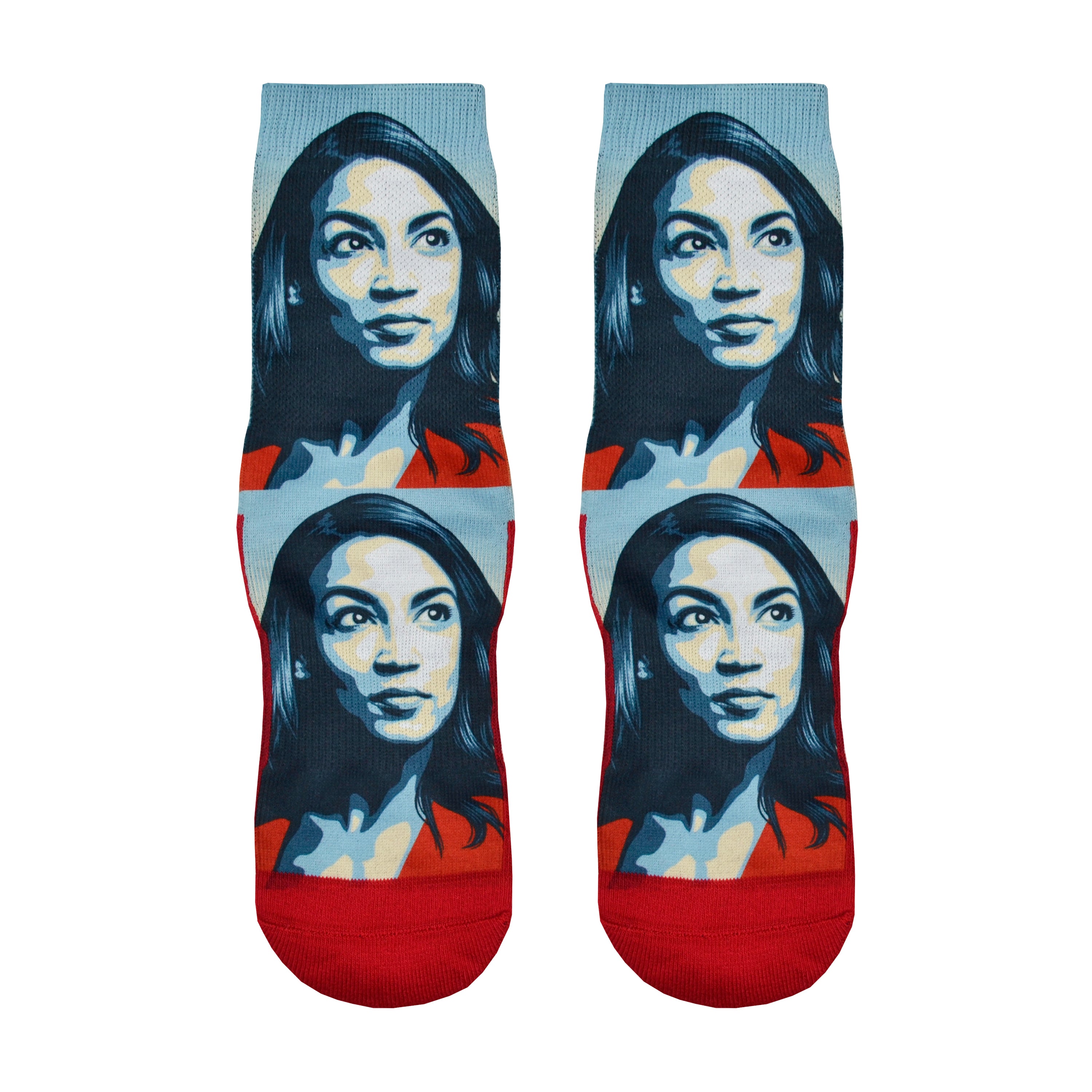 Shown in a flatlay, a pair of Good Luck Socks’ polyester-cotton women’s crew socks with portrait of Alexandria Ocasio-Cortez in shades of red, white and blue