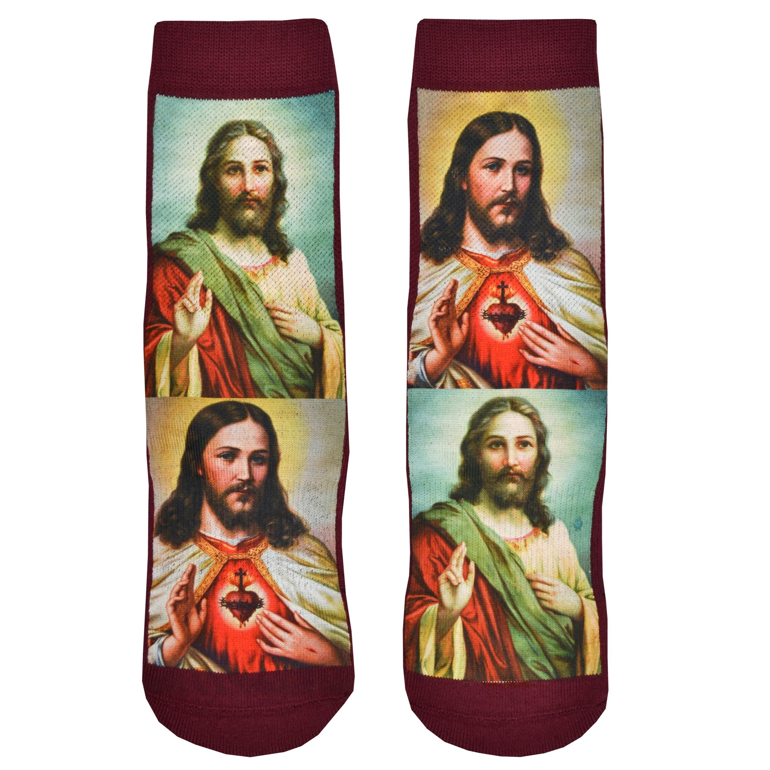 Shown in a flatlay, a pair of polyester and cotton Good Luck Sock brand maroon socks with two iconic depictions of Jesus Christ.
