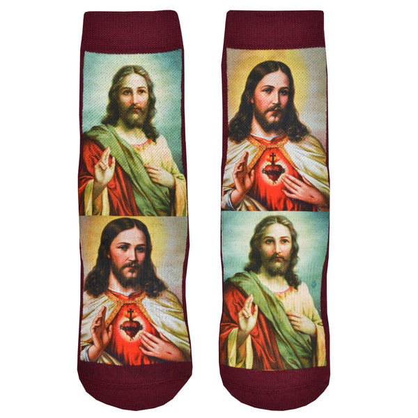 Shown in a flatlay, a pair of polyester and cotton Good Luck Sock brand maroon socks with two iconic depictions of Jesus Christ.