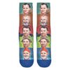 Shown in a flatlay, a pair of Good Luck Socks’ polyester-cotton men’s crew socks with Bill Murray in many different acting roles