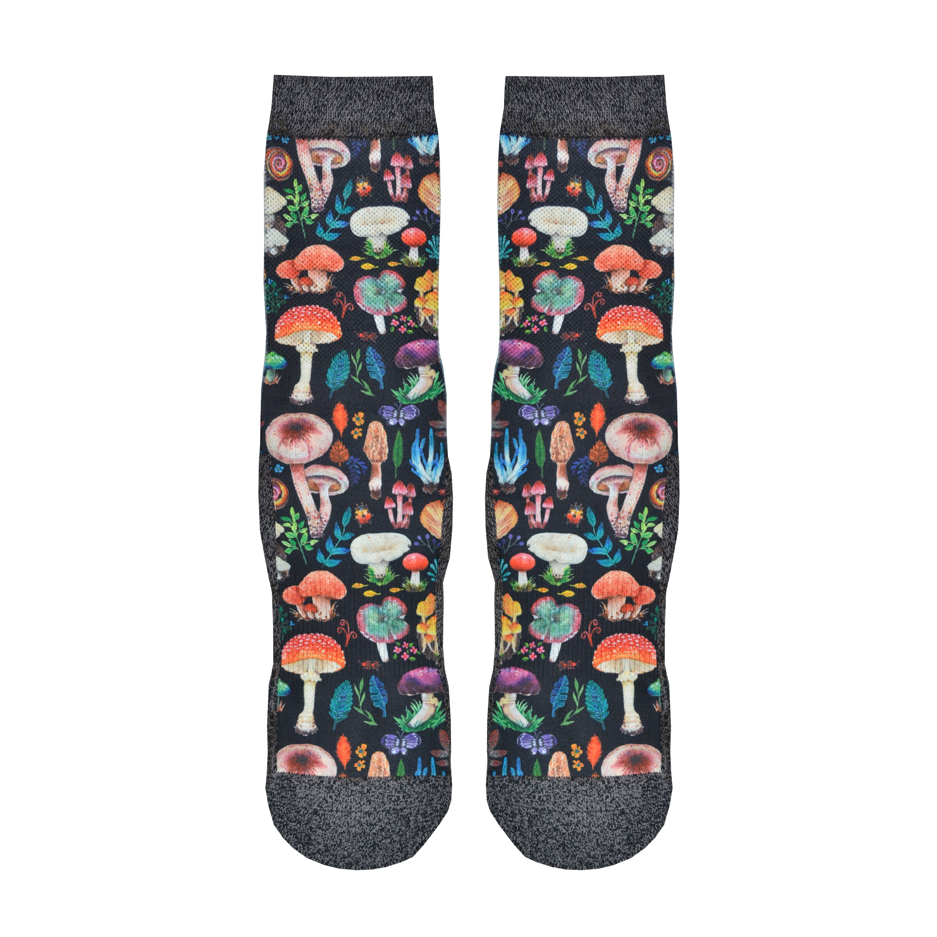 These multi-colored men's polyester crew socks with a black toe and cuff by the brand Good Luck Socks feature all different types of small mushrooms in different colors covering the leg and foot.