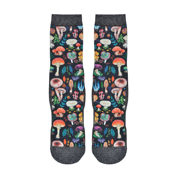 These multi-colored men's polyester crew socks with a black toe and cuff by the brand Good Luck Socks feature all different types of small mushrooms in different colors covering the leg and foot.