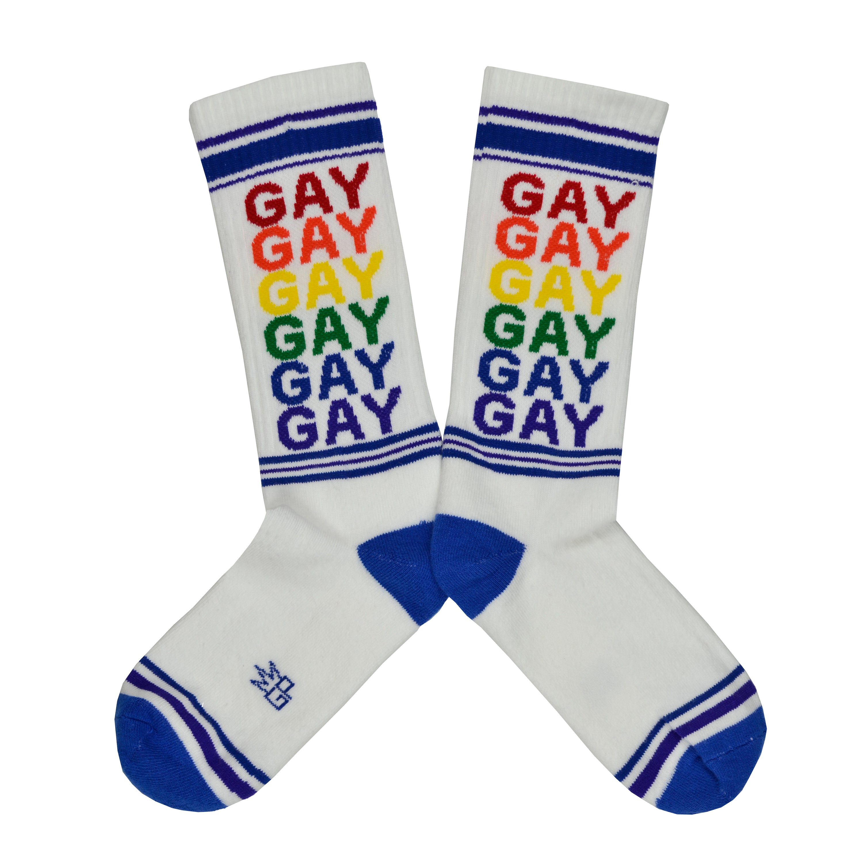 These white cotton unisex crew socks with a blue striped toe and cuff by the brand Gumball Poodle feature the word 