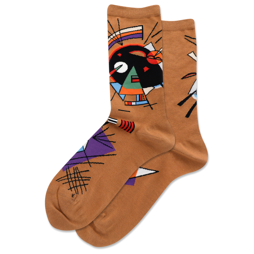 a chestnut brown pair of socks with multicolored abstract modern art by Wassily Kandinsky
