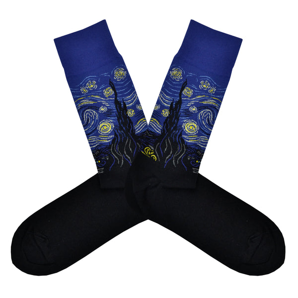 These navy blue cotton men's crew socks by the brand Hot Sox feature the famous "Starry Night" painting by the Dutch Post-Impressionist painter Vincent van Gogh depicting a swirling yellow night sky above a french village.