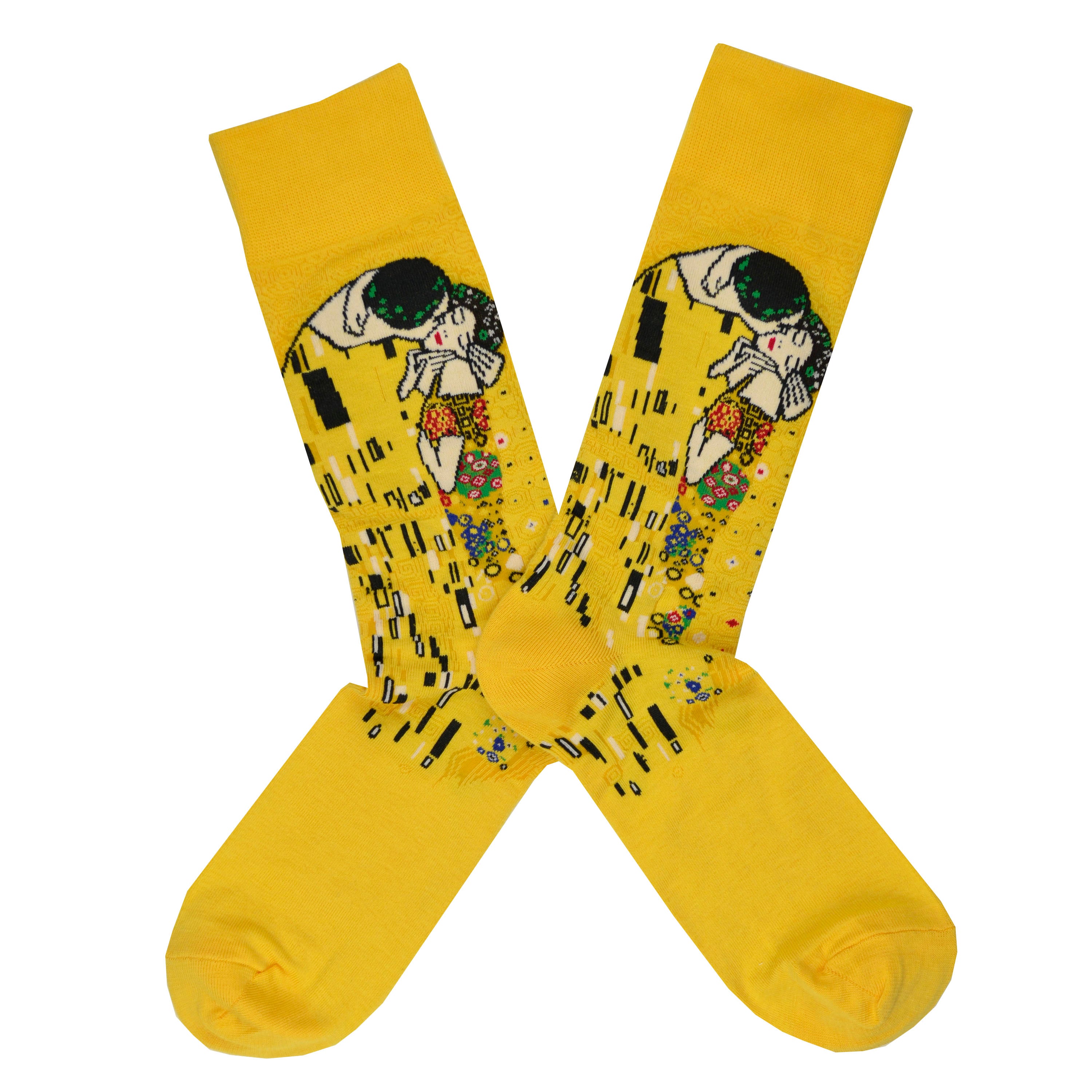 Shown in a flatlay, a pair of Hot Sox yellow cotton men’s crew socks with the artist Gustav Klimt’s abstract painting of embracing lovers
