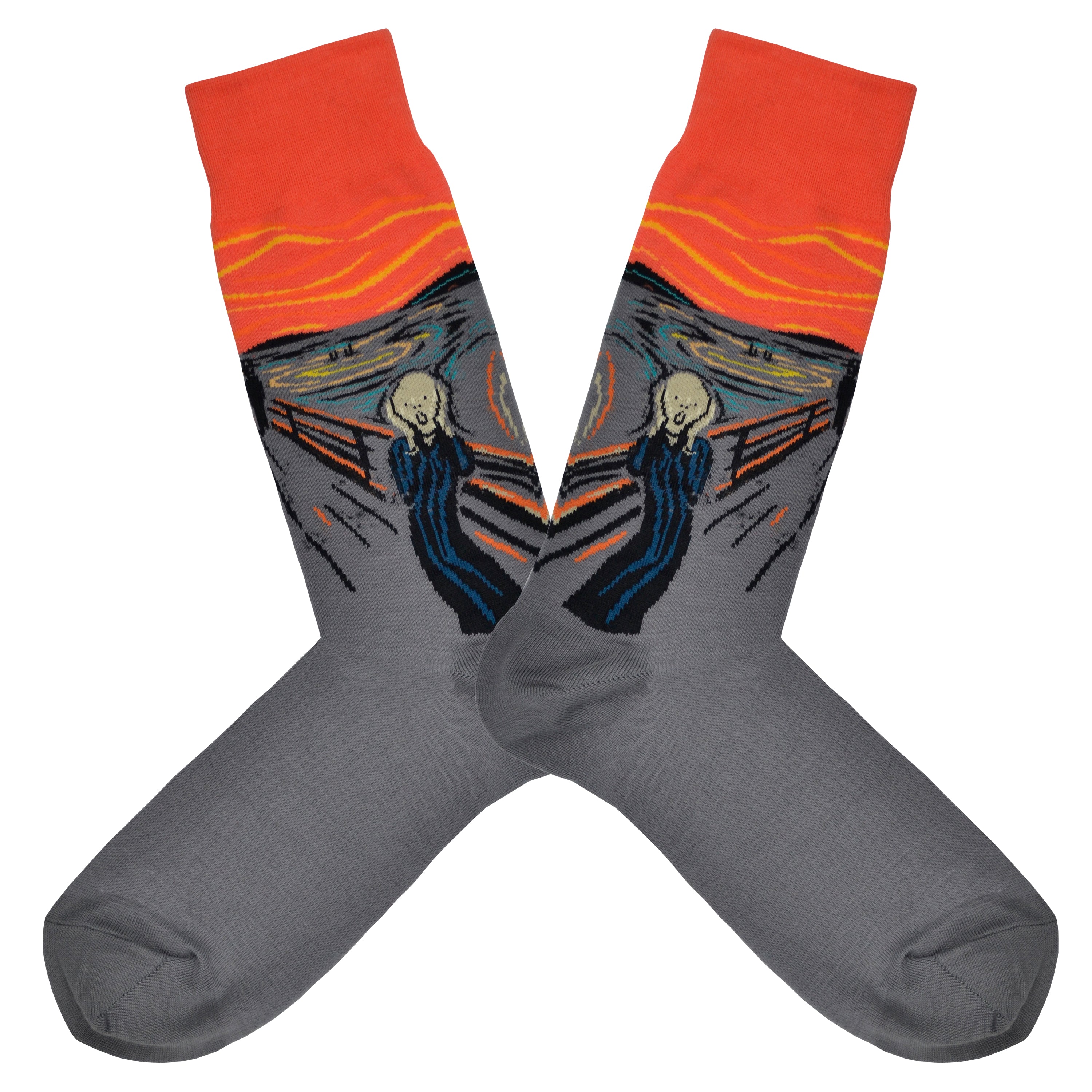 Shown in a flatlay, a pair of Hot Sox cotton men’s crew socks with orange background and the artist Edvard Munch’s abstract painting of a screaming figure on a bridge