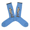 Shown in a flatlay, a pair of Hot Sox blue cotton men’s crew socks with the statue of David as an homage to art history