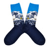 These blue cotton women's crew socks by the brand Hot Sox feature the famous print The Great Wave by the Japanese artist Hokusai.