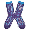 Shown in a flatlay,  a purple pair of Blue Q socks that features an abstract blue line design on the inside of the leg. The outside of the leg has the text, "I love my job" while the foot of the sock reads, "HA HA Just Kidding". 