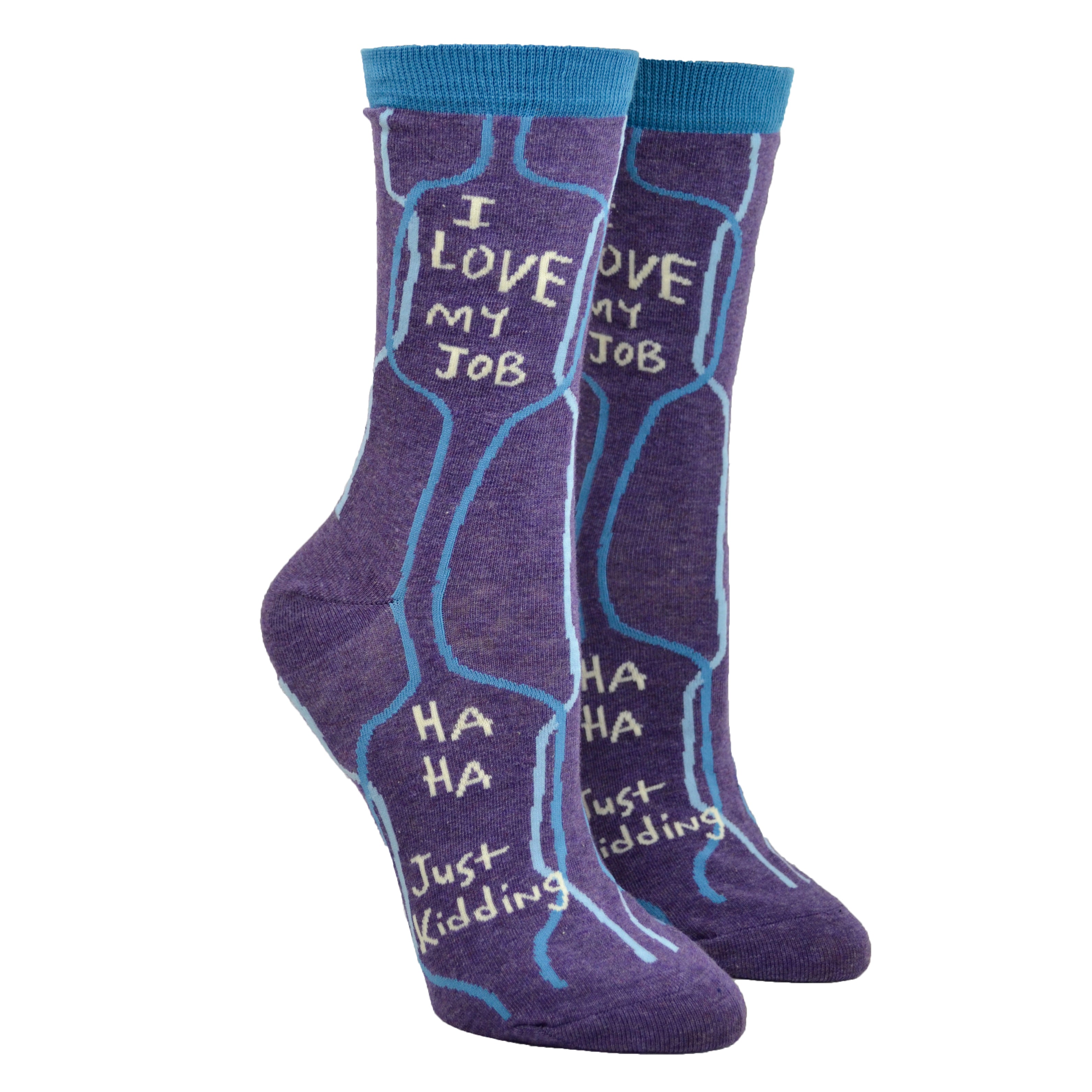 Shown on leg forms, a pair of Blue Q purple socks with a blue cuff. The outside of the leg has the text, 