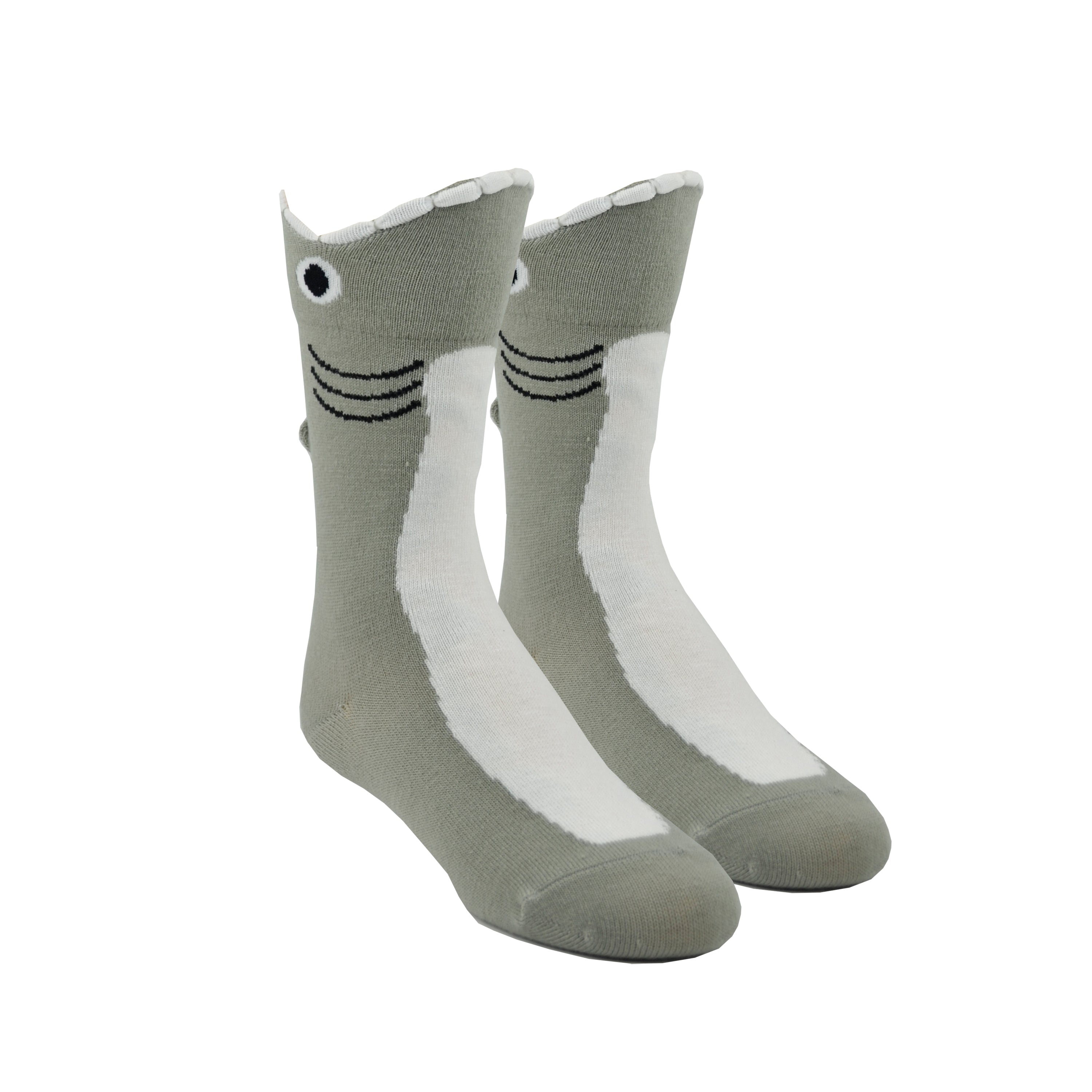 Shown on leg forms, a pair of K.Bell brand kids crew socks in grey. The top of the sock features a fish mouth cuff on a grey sock with a white front.