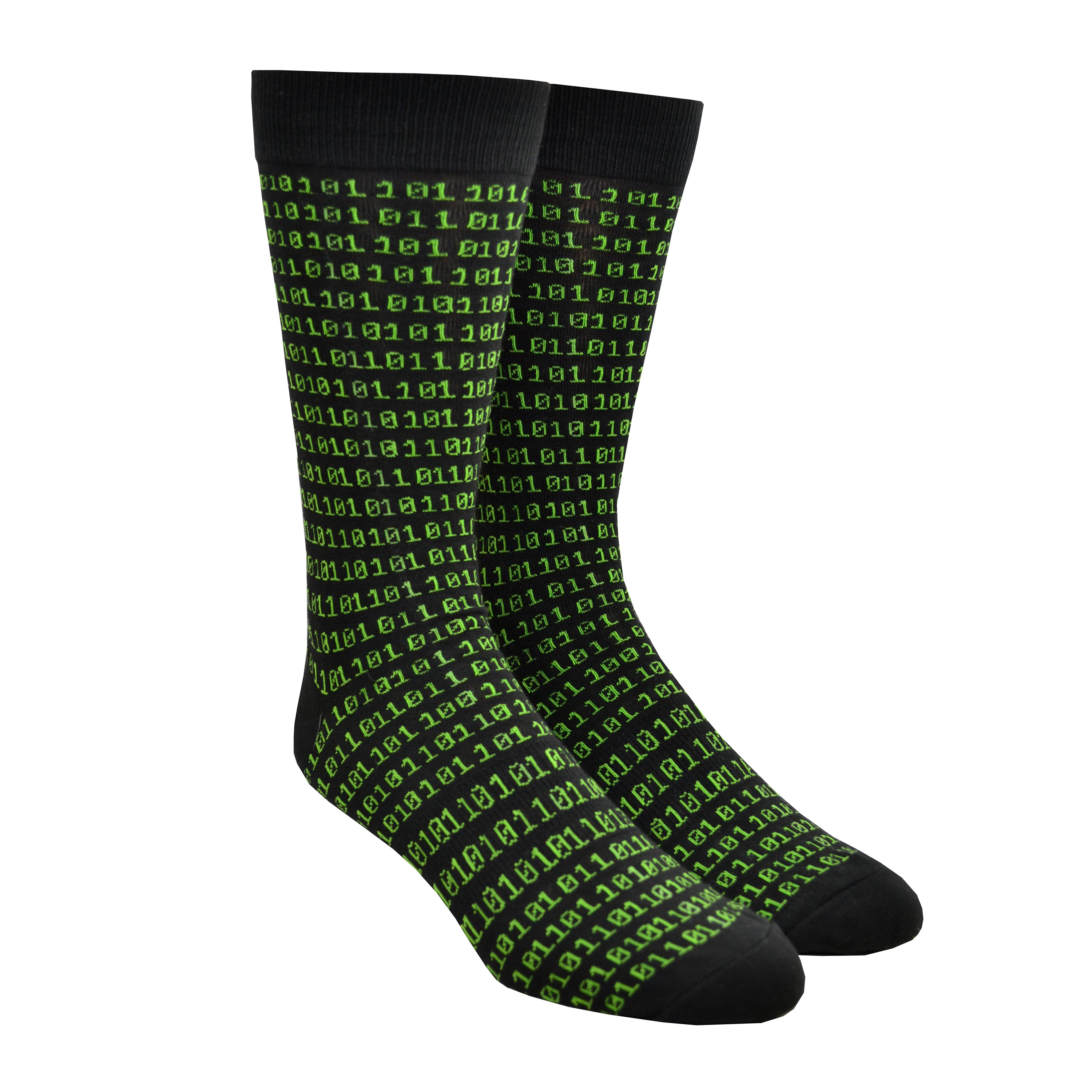 Shown on a leg form, a pair of K. Bell’s black cotton men’s crew socks with green 1s and 0s