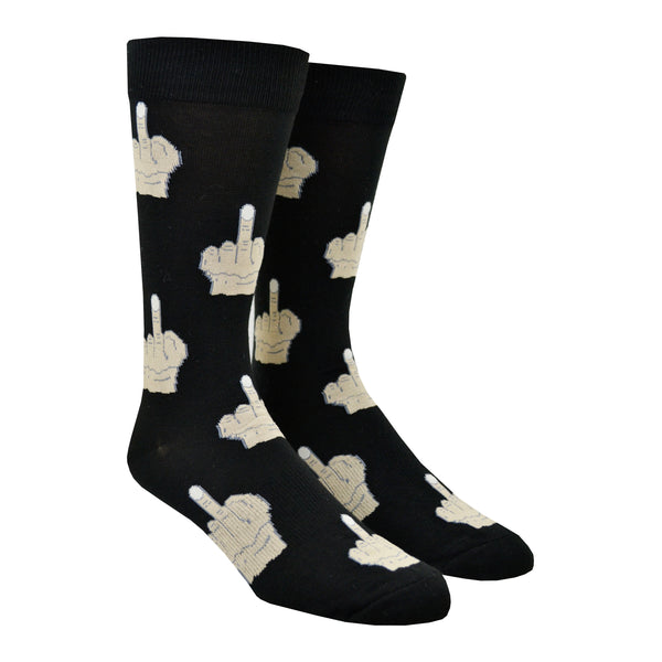 Shown on a leg form, a pair of K. Bell’s black cotton men’s crew socks with white hands flipping the middle finger