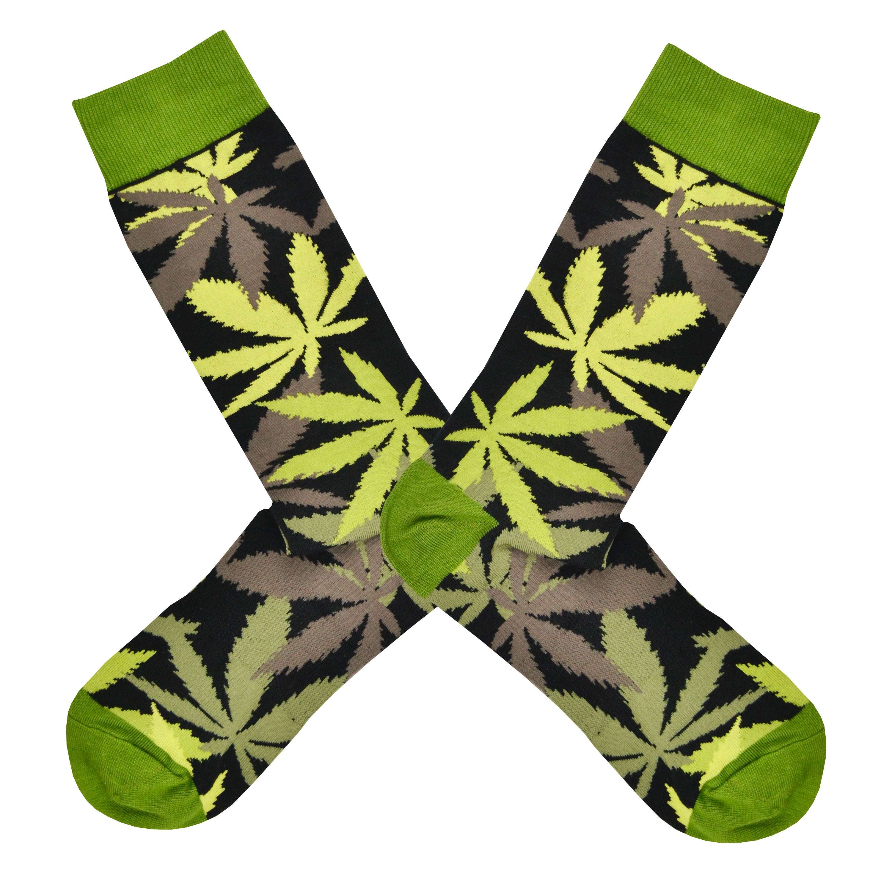 Shown in a flatlay, a pair of men's crew length K.Bell brand nylon and cotton socks in black with a bright green heel, toe, and cuff. The sock features an all over motif of marijuana leaves in shades of green and brown.