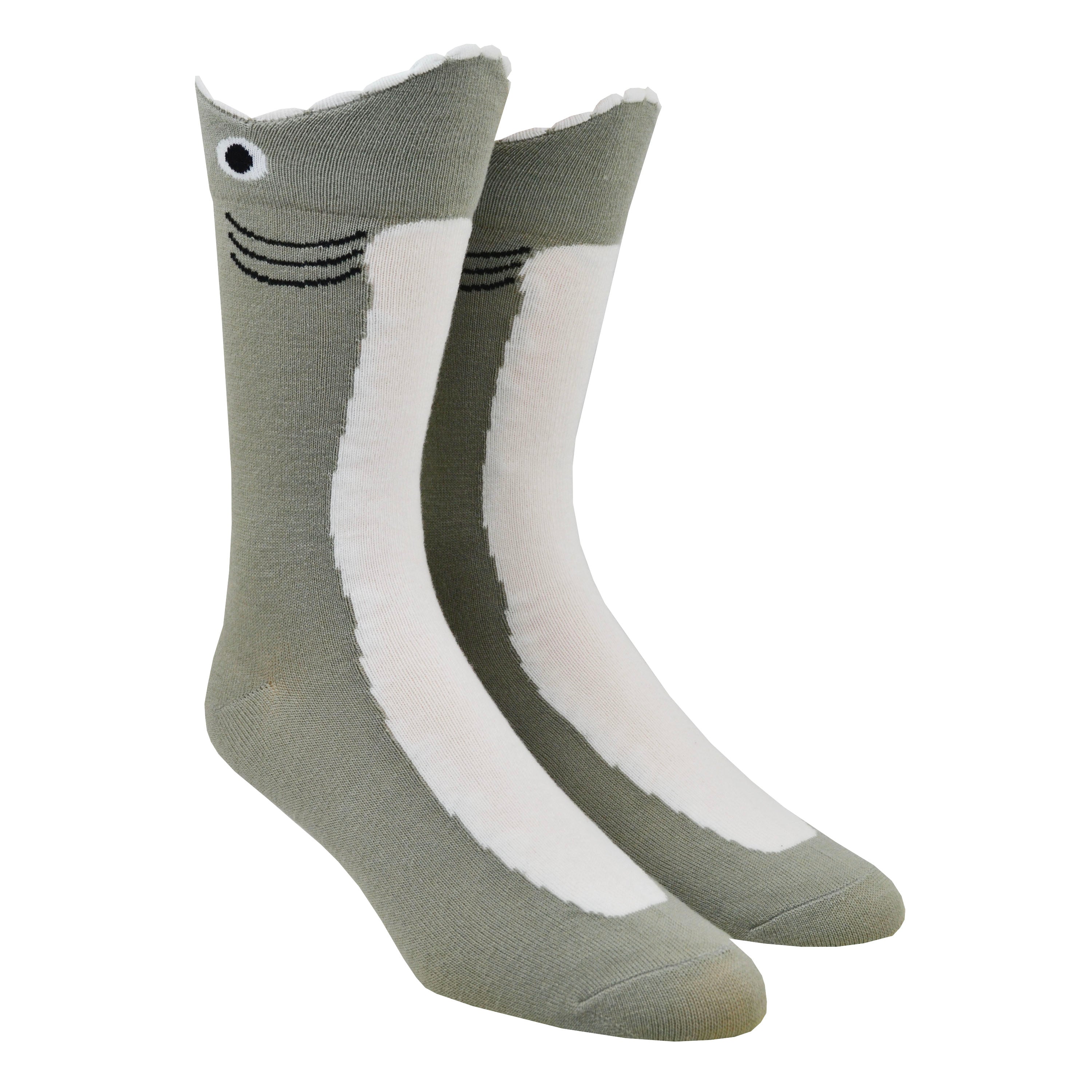 Shown on leg forms, a pair of K.Bell brand men's acrylic crew socks in grey and white. These socks feature a white front and are shaped like a shark. The cuff is the sharks mouth with a frilled edge to mimic the sharks teeth around your leg.