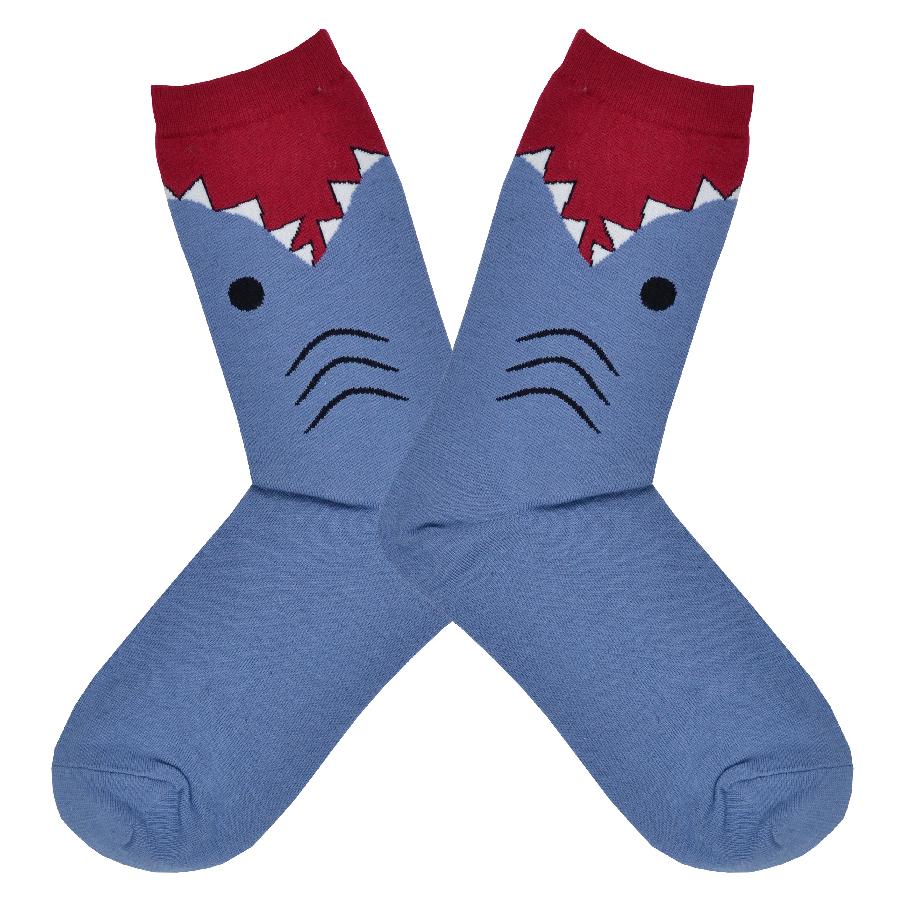 These blue cotton women's novelty crew socks with a red top and cuff by the brand K Bell make it look like a shark is eating your leg, showing the sharks gills, eyes and teeth chomping on your calf.