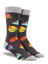 Show on a leg form, Socksmith's pair of dark grey bamboo men's crew socks with 90's inspired triangles and circles