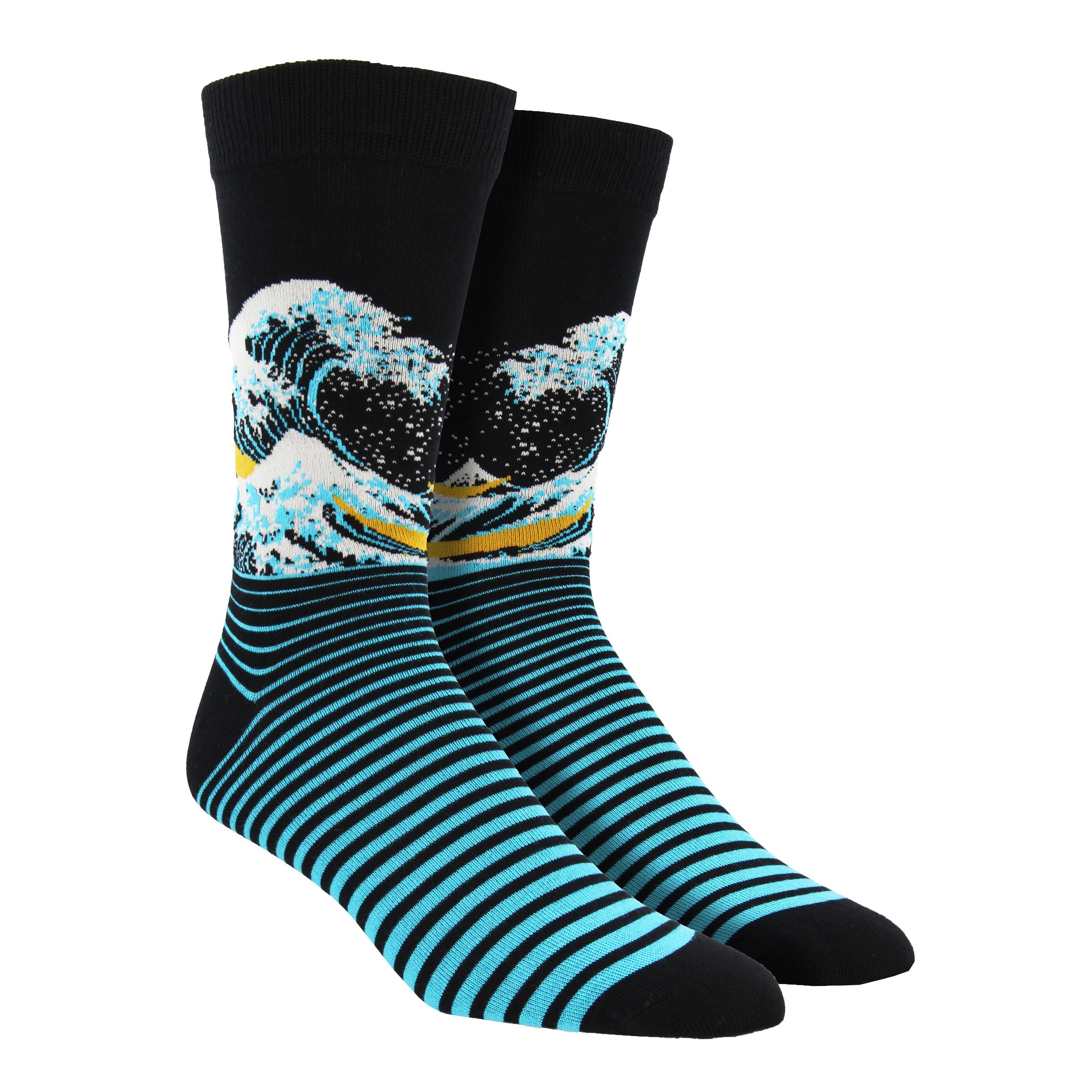 Shown on a leg form, these black and blue bamboo men's crew socks by the brand Socksmith are based on the famous print The Great Wave by the Japanese artist Hokusai.
