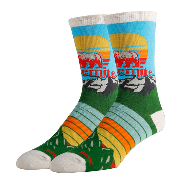 Shown on leg forms, a pair of large unisex crew socks. These socks feature the California bear with 