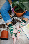 A model wearing pink cotton mis-matched women's crew socks with a green cuff by the brand Many Mornings feature beautiful potted Monstera plants and succulents all over the foot and leg while she gardens.