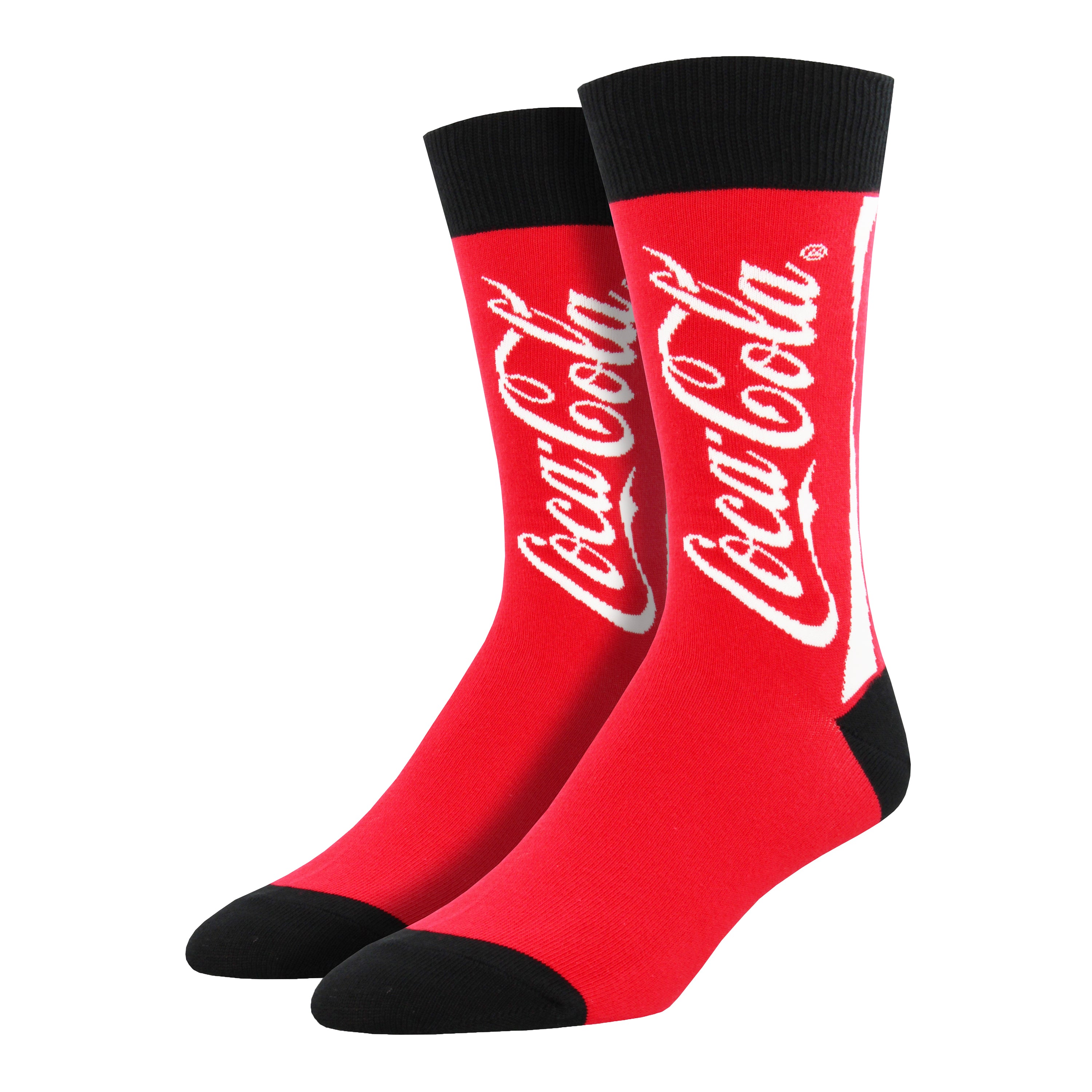 Shown on a foot form, a pair of Socksmith's red cotton men's crew socks with Coca-Cola logo text and black cuff/heel/toe