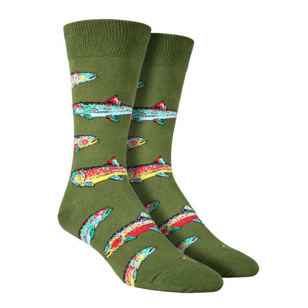 Shown on leg forms, a pair of Socksmith brand men's cotton crew socks in parrot green with an all over motif of rainbow trout.