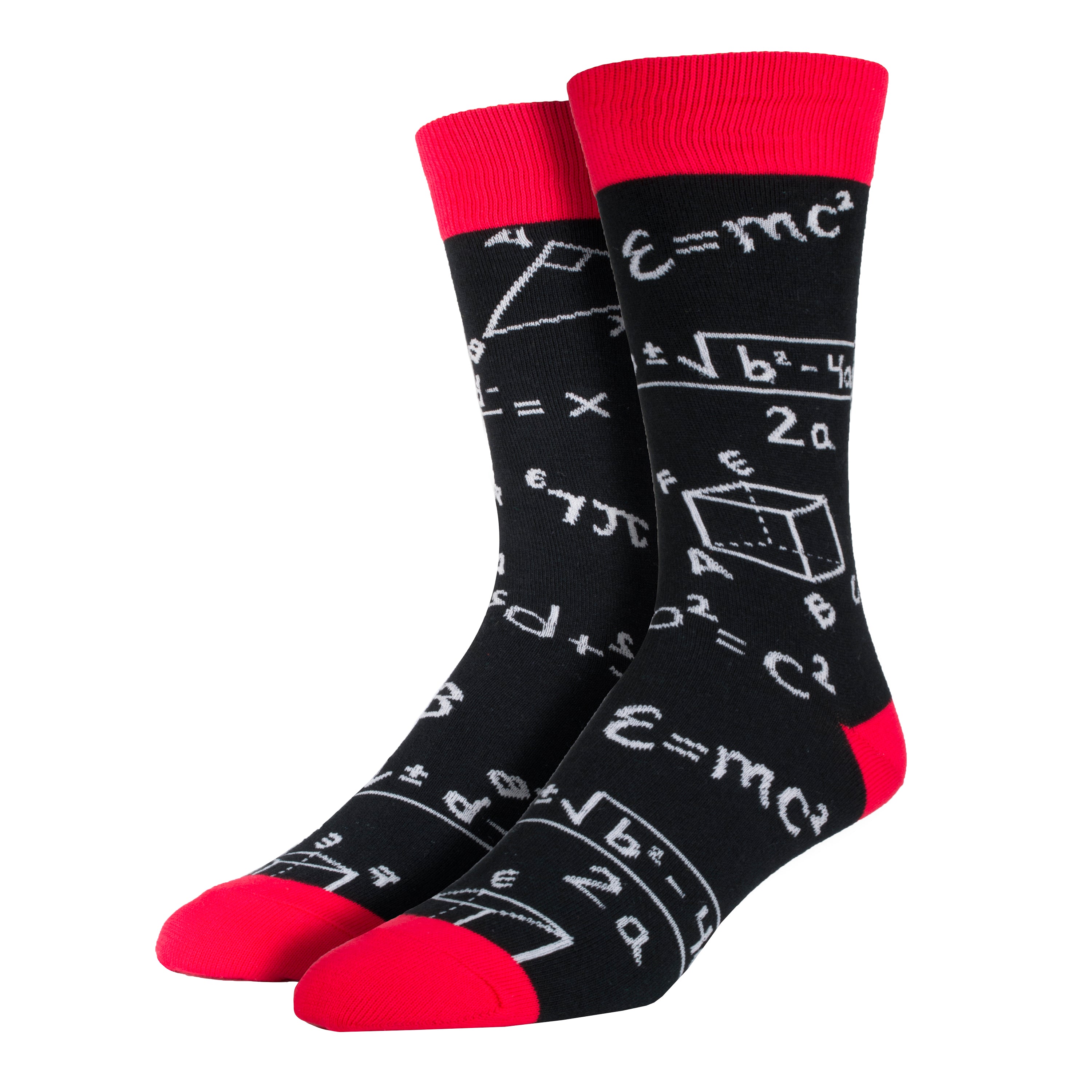 Math equations cover a black men's cotton crew sock by socksmith while being displayed on a mannequin foot form. . 