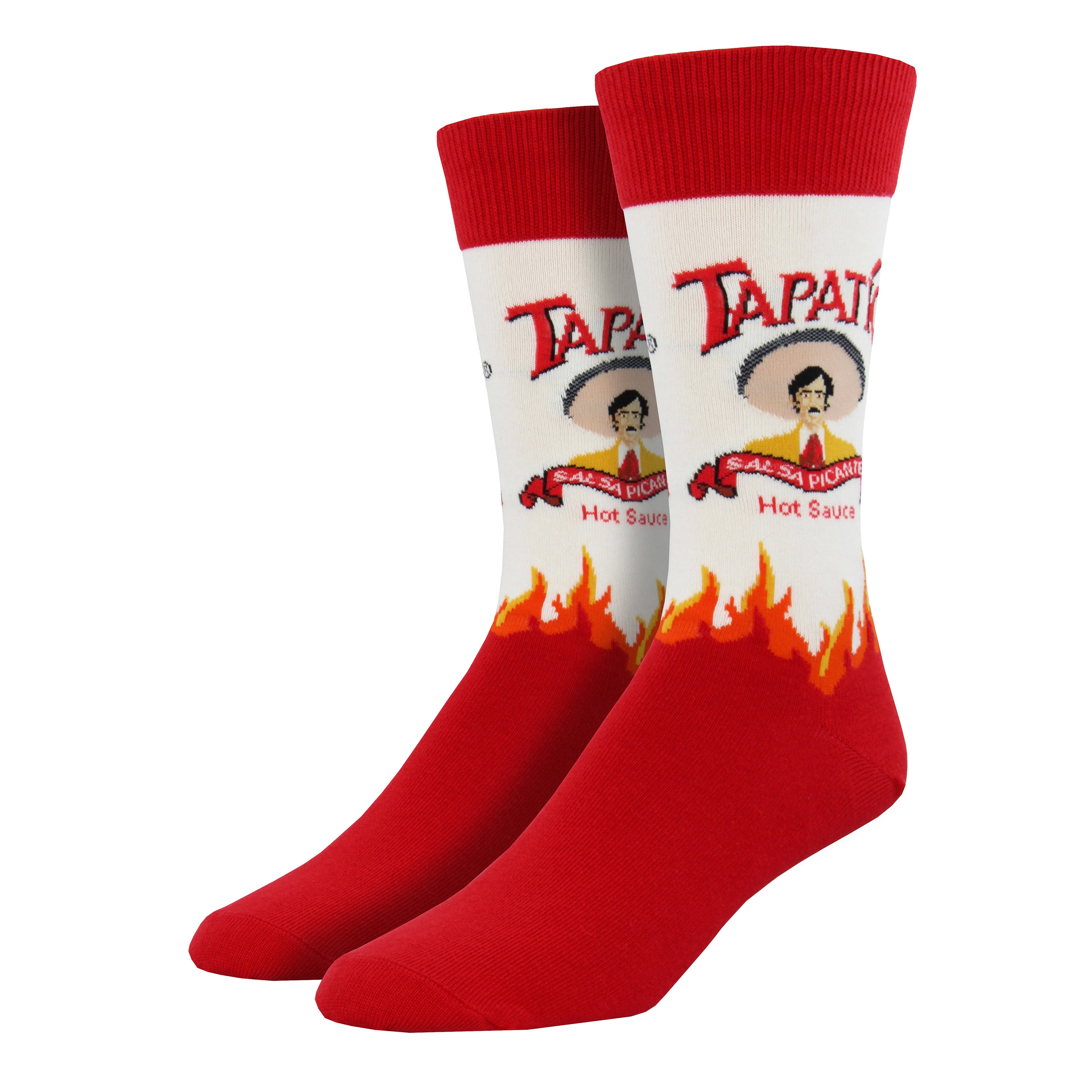 The Tapatio hot sauce logo is shown on a white background with flame accents on this men's crew length Socksmith sock. 