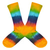 Shown in a flatlay, a pair of unisex Maggie’s Organic cotton crew socks with tie dye of yellow, green, blue, red and purple