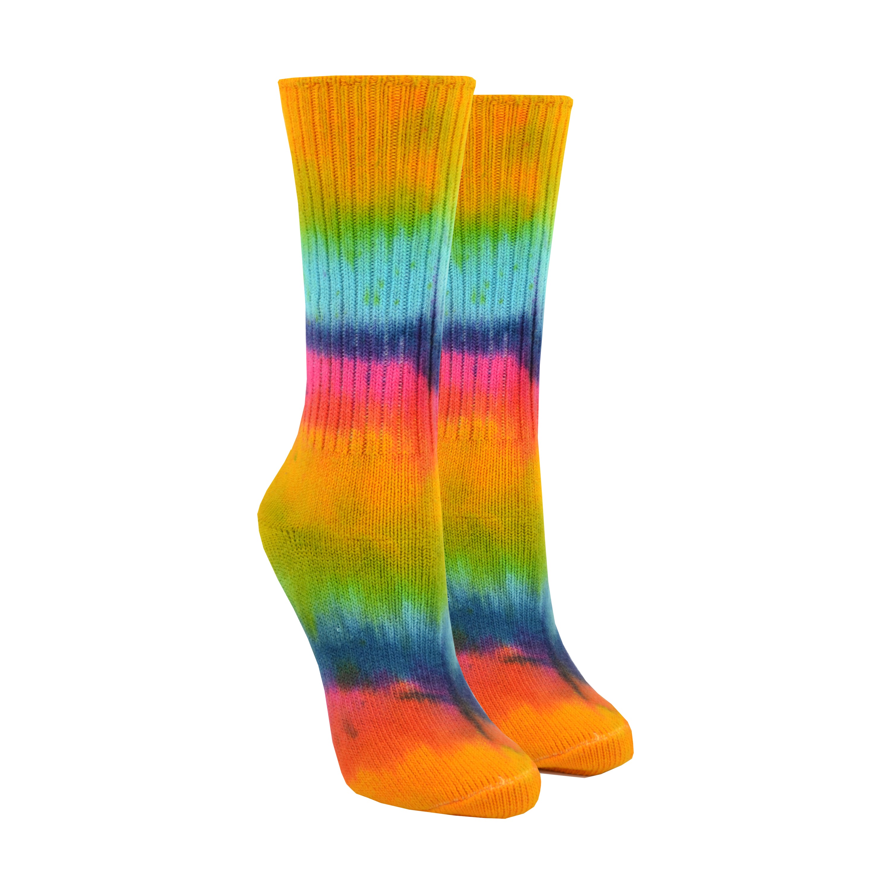 Shown on a foot form, a pair of unisex Maggie’s Organic cotton crew socks with tie dye of yellow, green, blue, red and purple