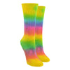 Shown on leg forms, a pair of Maggie's Organic unisex 98% cotton crew socks in a unique pastel tie dye of yellow, green, blue and, pink.