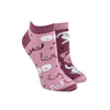Shown on foot forms , a pair of mismatched Many Mornings brand unisex cotton ankle socks. One sock has a dark pink heel/cuff/toe with a light pink base and cartoon images of different breast shapes. The second sock has light pink heel/cuff/toe and a darker pink base features an all over design of curvaceous nude feminine bodies.