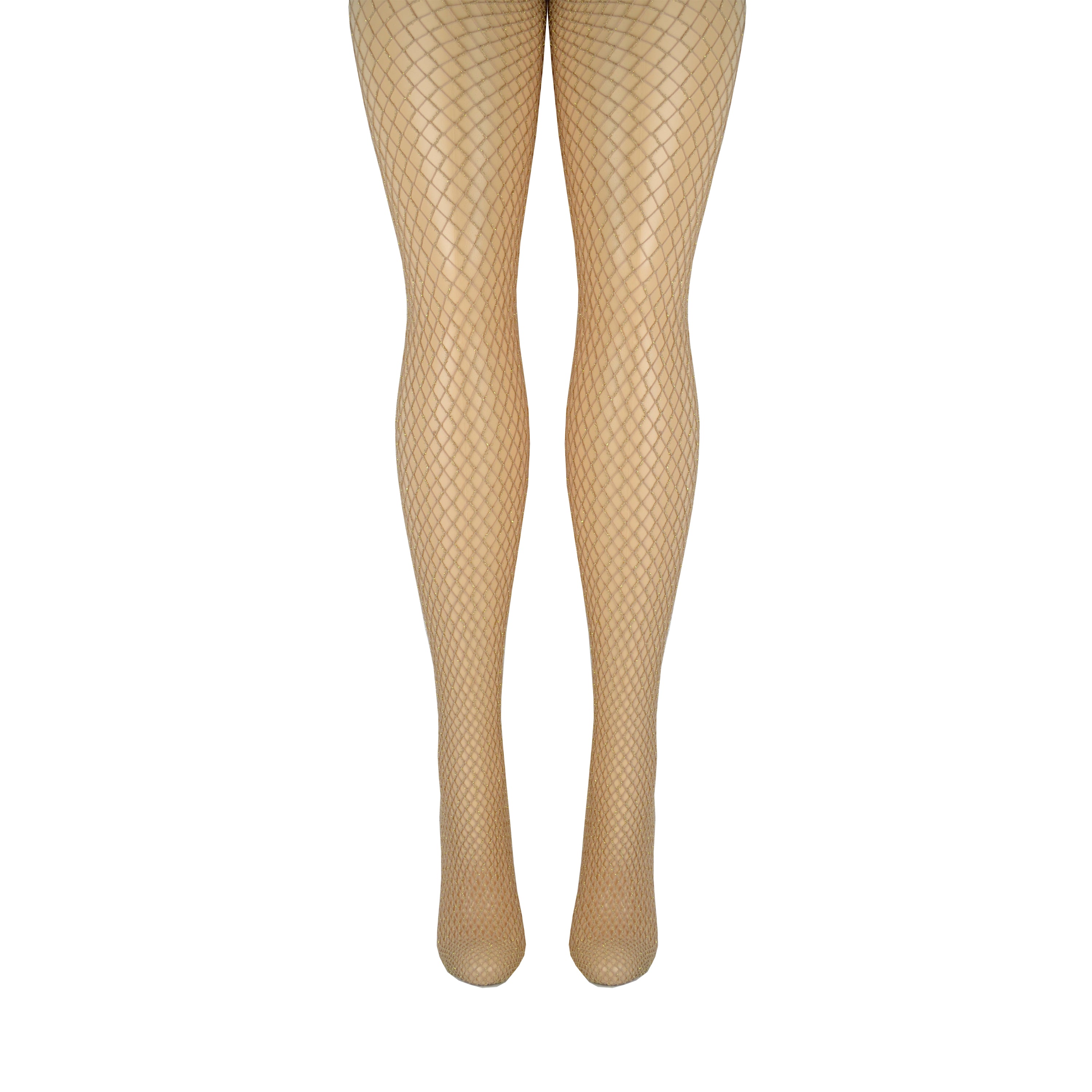 Shown from the front, a pair of nylon MeMoi nude fishnets with a gold glitter thread running throughout.
