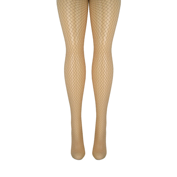 Shown from the front, a pair of nylon MeMoi nude fishnets with a gold glitter thread running throughout.