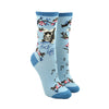 Shown on leg forms, a pair of Mod Socks brand women's cotton crew socks in blue with a dark blue heel, toe, and cuff. The sock features a flowering branch with birds on the leg and foot and a meowing cat on the leg with the words "Fuck Off" in cursive.