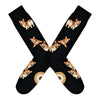 These black cotton men's fun novelty crew socks by the brand Mod Socks feature adorable Corgi dogs smiling, sitting down and some standing up showing their cute butts.