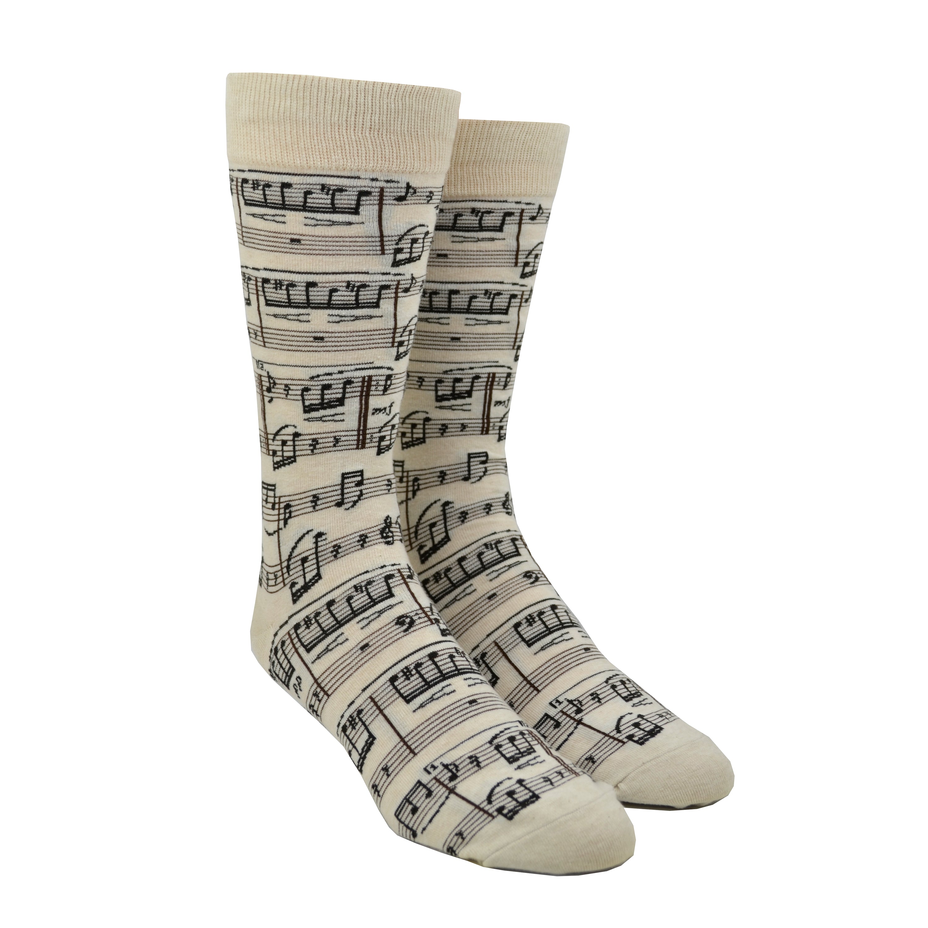 Sheet music covers a cream colored cotton men's sock by Modsock while displayed on a mannequin foot.