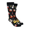 Shown on a foot form, a pair of Mod Socks’ black cotton men's crew socks with various guitar instruments
