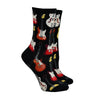 Shown on foot forms, a pair of women's ModSocks cotton socks in black with an all over motif of red and white guitars going down the sock.