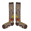 These heather brown cotton women's knee high socks feature a variety of red, brown and yellow mushrooms throughout.